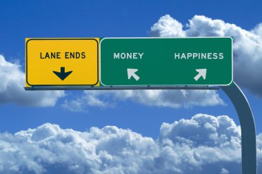 Freeway sign in blue cloudy skies reading Money and Happiness clipart