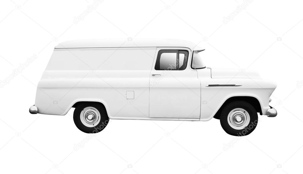 Vintage White Delivery Van on White side view