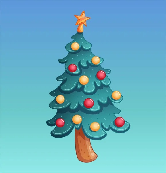 Kerstboom met kerst glazen ballen en ster aan de bovenkant, cartoon illustratie — Stockvector