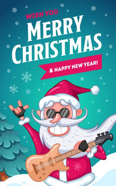 Buon Natale biglietto di auguri, fresco Babbo Natale con chitarra elettronica e occhiali neri — Vettoriale Stock