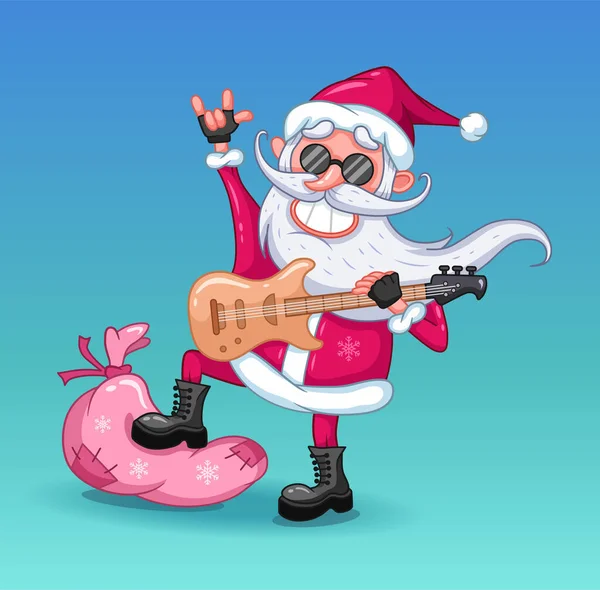 礼物袋上站着带着电子吉他的酷圣诞老人、卡通人物圣诞图解 — 图库矢量图片