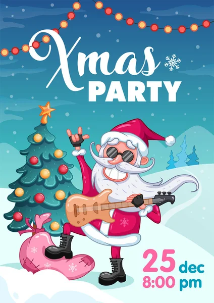 Noel partisi davetiyesi posteri, elektronik gitarlı havalı Noel Baba ve hediye çantası.