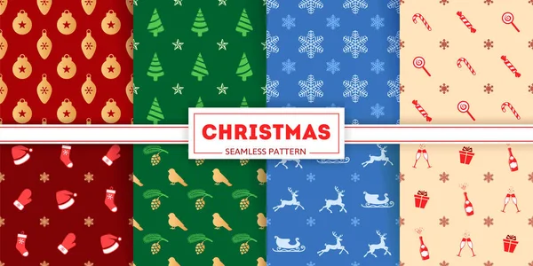 Weihnachten Nahtlose Musterkollektion Ikonen Und Silhouetten Von Weihnachtskugeln Weihnachtsbäumen Schneeflocken — Stockvektor