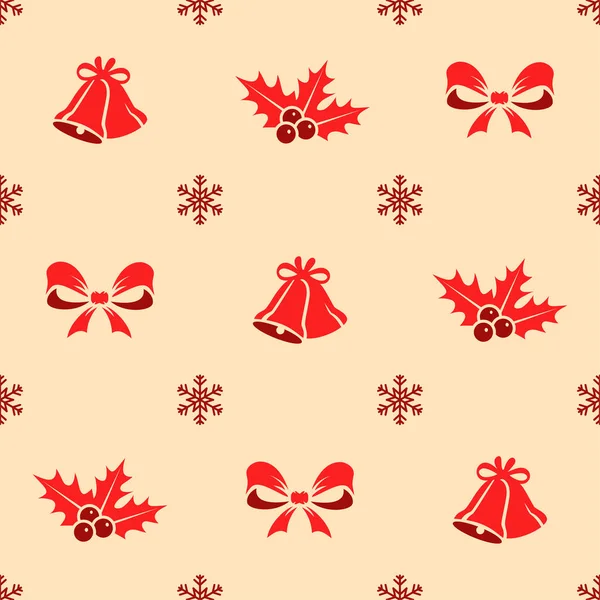 Рождественский бесшовный шаблон. Холли, лук, колокольчик и снежинки — стоковый вектор