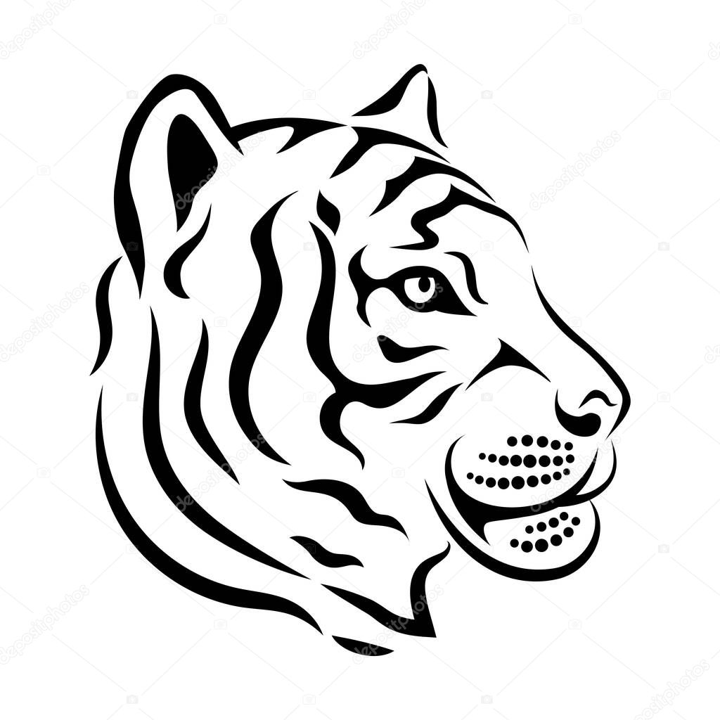 Tiger head in profile, stylized vector illustration in outline