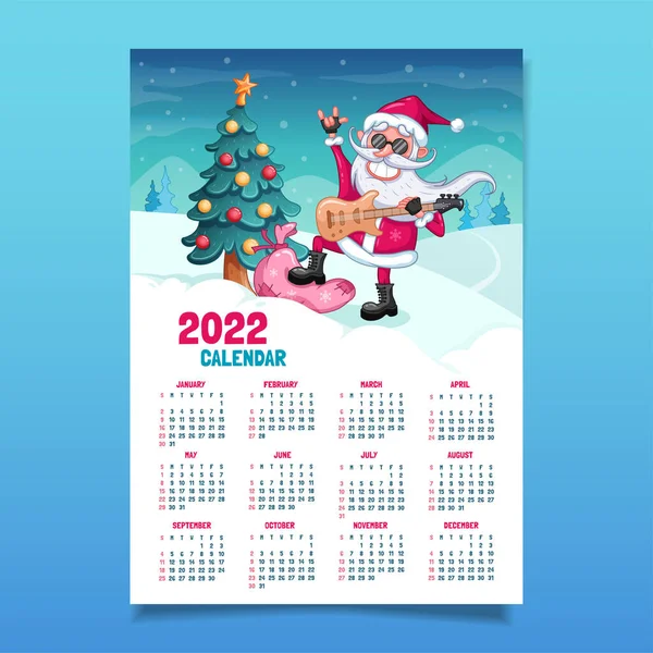Takvim 2022. Takvimli dikey duvar posteri. Hediye çantasının üzerinde duran siyah gözlüklü ve elektro gitarlı Noel Baba. Kış arkaplanı Noel ağacı ve şeker külahlarıyla