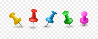 Pushpinler kağıttan sarkıyor. Vektör koleksiyonu. Farklı renkte kaplama ve gölgeli arka planda izole edilmiş raptiyelerin gerçekçi çizimleri. Fotoğraf kolajı için dekorasyonlar.