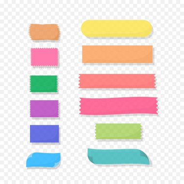 Gölgeli, farklı renklerde yapışkan yamalar. Vektör koleksiyonu. Yapışkan bantların gerçekçi çizimleri gölgeli arka planda izole edilmiş. Fotoğraf kolajı için dekorasyonlar.