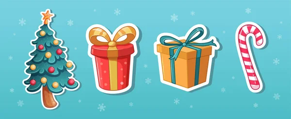 Noel çıkartmaları. Yıldızlı Noel ağacı, hediye kutuları ve bastonlu şeker. Çizgi film Noel süsleri. Vektör koleksiyonu.