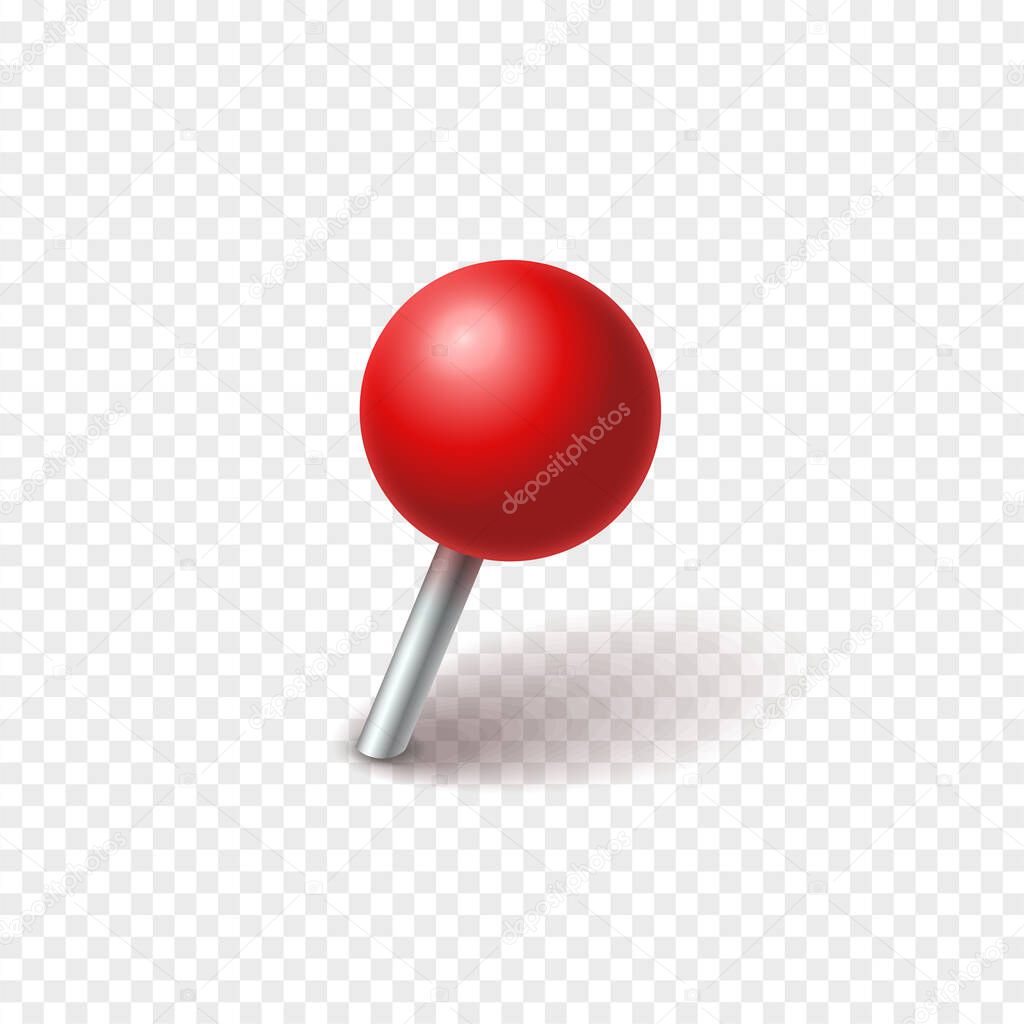 Red ball pin sticking out of the paper. Realistic vector illustration of pushpin with shadow isolated on checkered background. Decoration for photo collage.