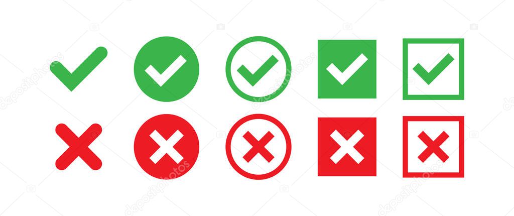 Confirm and deny flat icons. Green checkmark and red cross mark in circle and square boxes