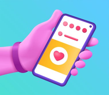 Akıllı telefonu tutan 3D el. Sosyal ağ iletişimi uygulamasının vektör tasarımı