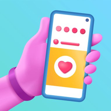 Akıllı telefonu tutan 3D karikatür el. Sosyal ağ iletişimi uygulamasının vektör tasarımı