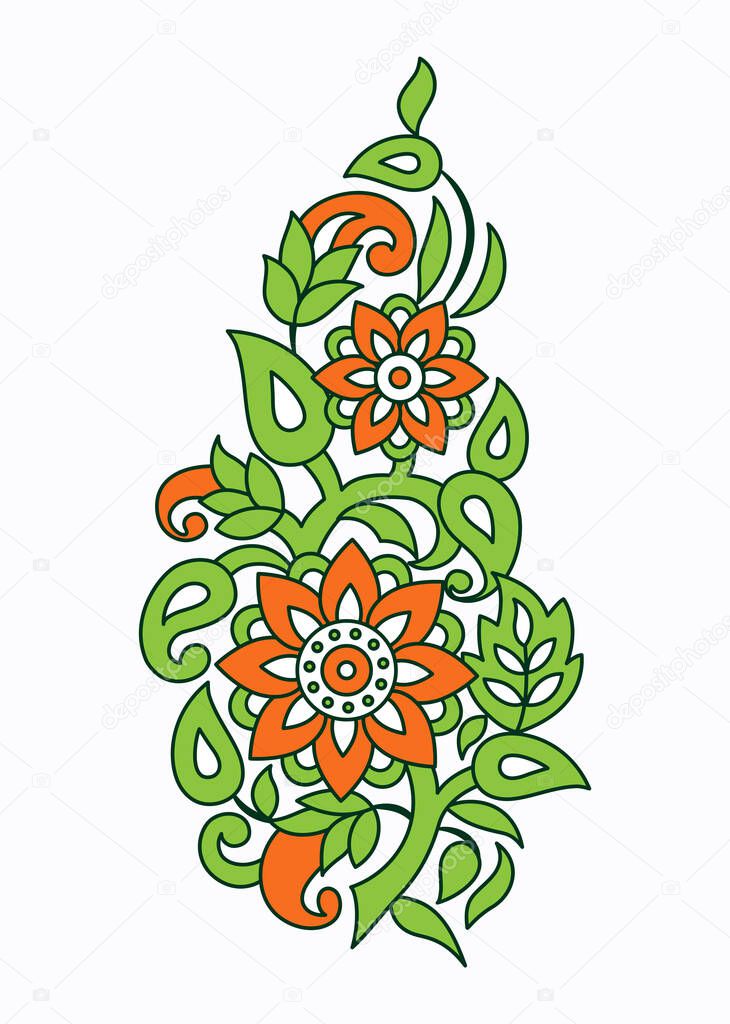 Indian floral decorative element with paisley, flowers and leaves in traditional style. Asian plant pattern