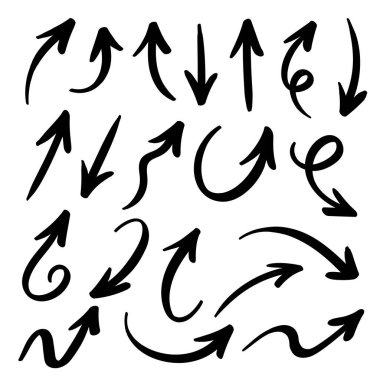 Hand drawn curved arrows collection. Vector sketch and doodle arrows with curls, pointing different directions