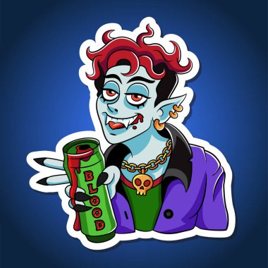 Stylish happy young vampire with a blood can. Halloween sticker. Vector illustration of young vampire cartoon character