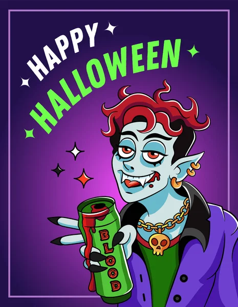 Happy Halloween Greeting Card Stylish Happy Young Vampire Blood Can — Stockový vektor