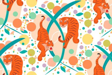 Kaplanlı ve yapraklı desen. Çizgi film çizimi. Çeşitli pozlarda kırmızı kaplan resimleri.