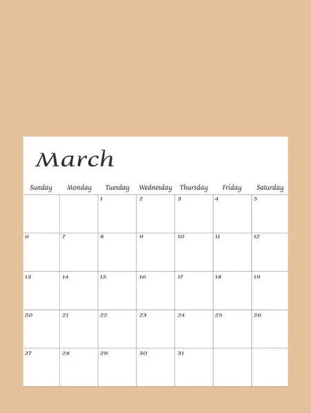 Maret 2022 Templat Desain Perencana Kalender Minggu Dimulai Pada Hari - Stok Vektor