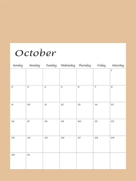 Oktober 2022 Kalenderplanner Ontwerp Template Week Begint Zondag Stationair Ontwerp — Stockvector