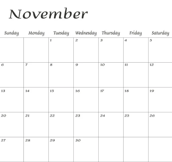 November 2022 Templat Desain Perencana Kalender Minggu Dimulai Pada Hari - Stok Vektor