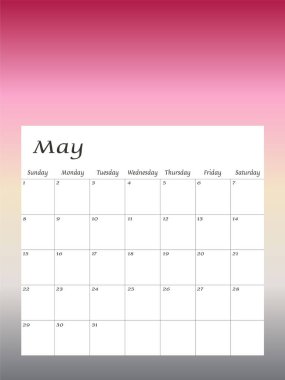 Mayıs 2022. Takvim planlama şablonu. Hafta pazar günü başlıyor. Kırtasiye tasarımı. Vektör İllüstrasyonu