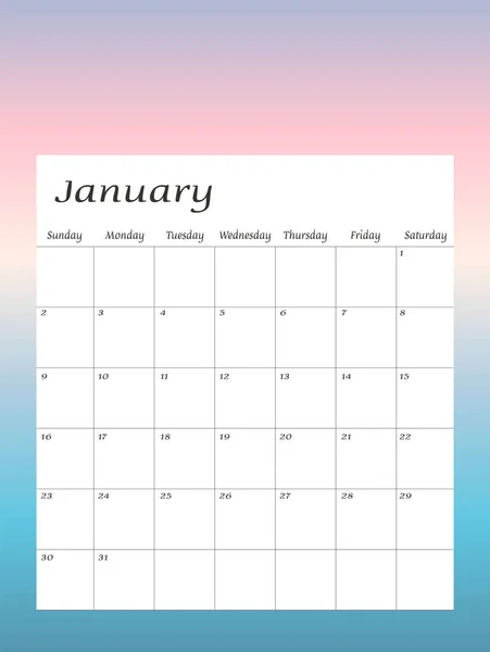 Januari 2022 Calendar Planner Design Template Minggu Dimulai Pada Hari - Stok Vektor
