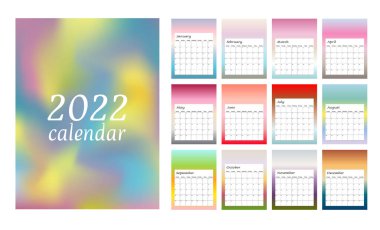 2022 'nin 12 ayı için bir dizi sayfa. Vektör çizimi. Hafta pazar günü başlıyor. 2022 yılı için takvim şablonu. Parlak tasarım.