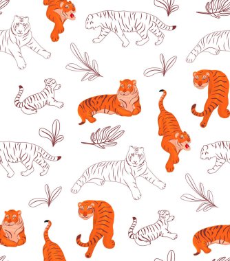 Kaplanlı ve yapraklı desen. Çizgi film çizimi. Çeşitli pozlarda kırmızı kaplan çizimleri. El çizimi vektör skech seti. Özet çizimi.