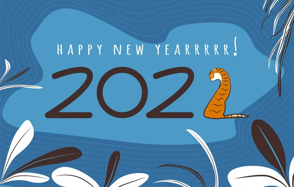 Feliz año nuevo 2022. Números, hojas y tigre — Vector de stock