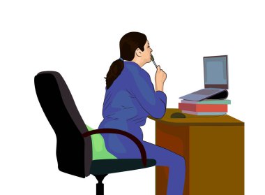 Pijamalı güzel beyaz kadın öğrencinin portresi dizüstü bilgisayarla çalışıyor evinde ofis koltuğunda oturuyor.