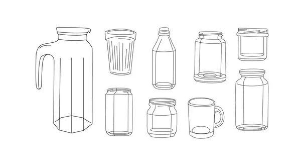 Set Glass Jars Bottles Glasses Vector Sketches — Stock Vector