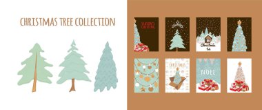 Vektör soyut ağaçlar kümesi. Güzel Noel ağacı, kar tanesi ve hediye paketi tasarımlı mutlu Noeller kartı seti..