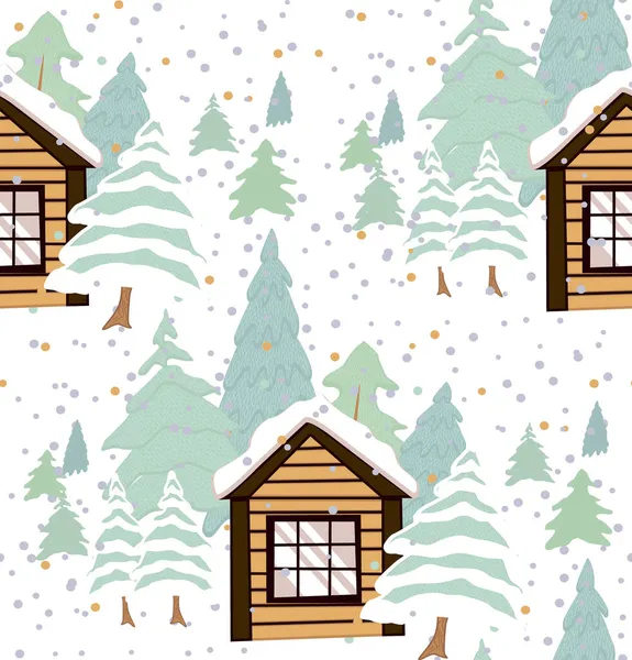 Landschaft Mit Wald Haus Auf Weißem Hintergrund Vektor Nahtlose Muster — Stockvektor