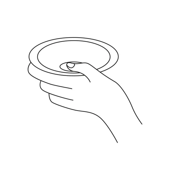 The girls hand holds a plate or saucer. Side view. Linear style illustration — Stockvektor