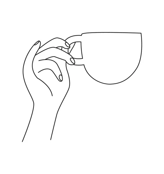 The girls hand is holding a mug. Side view. — Stock vektor
