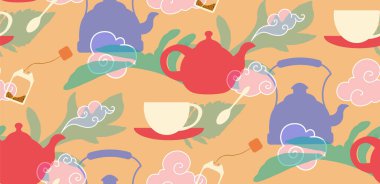 Tea party. Pattern with Cornflowers, hand with a mug, teapot, tea bag.