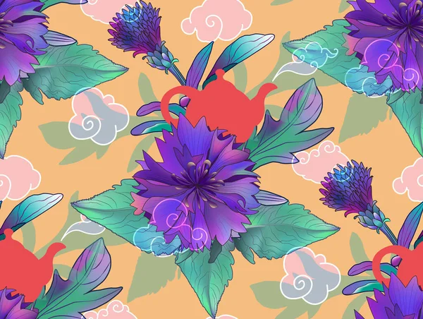 Tea Party Pattern Cornflowers Hand Mug Teapot Tea Bag Herbal — Image vectorielle