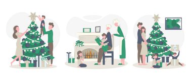 Noel arifesinde aileyle Noel seti, yeni yıl tatili. Vektör düz çizim. Mutlu insanlar Noel ağacını süslüyor, hediyeleri açıyor ve hikayeler anlatıyor..