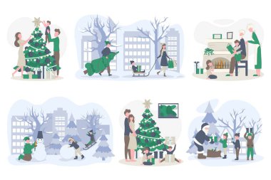 Noel arifesinde aileyle Noel seti, yeni yıl tatili. Vektör düz çizim. Kış tatilini ayarlayın. Aile Noel alışverişi ve kış tatili.