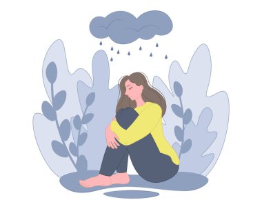 Üzgün kız yerde depresyonda oturuyor. Kadın psikolojisi, intihar önleme, travma sonrası stres bozukluğu. Vektör düz resimleme.