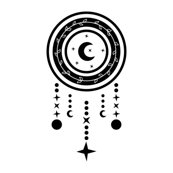 Dream Catcher Crescent Moon Black White Vector Tribal Illustration Boho — Stock Vector