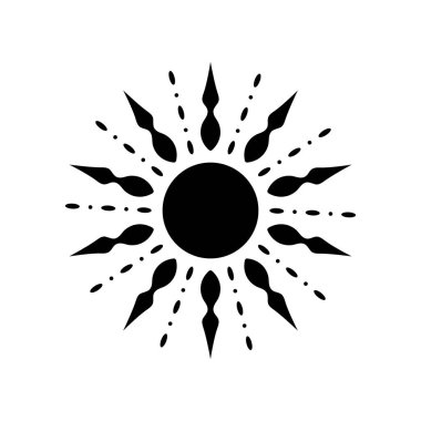 Siyah beyaz Boho tarzı güneş. Moda, soyut, minimalist model. El çizimi vektör illüstrasyonu