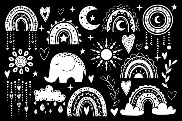 Vektor Tangan Ditarik Boho Clipart Dengan Pelangi Matahari Bulan Gajah - Stok Vektor