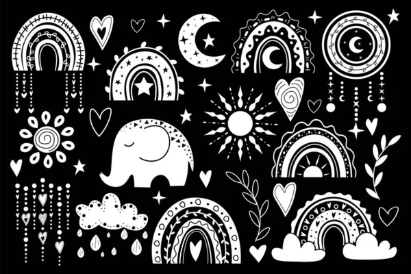 Векторный Ручной Рисунок Радугой Солнцем Луной Слоном Иллюстрация Черно Белым Стоковая Иллюстрация