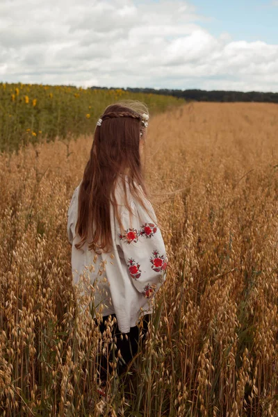 Beautiful Ukrainian Girl Ukrainian Girl Field Child Embroidered Dress Ukrainian — Fotografia de Stock