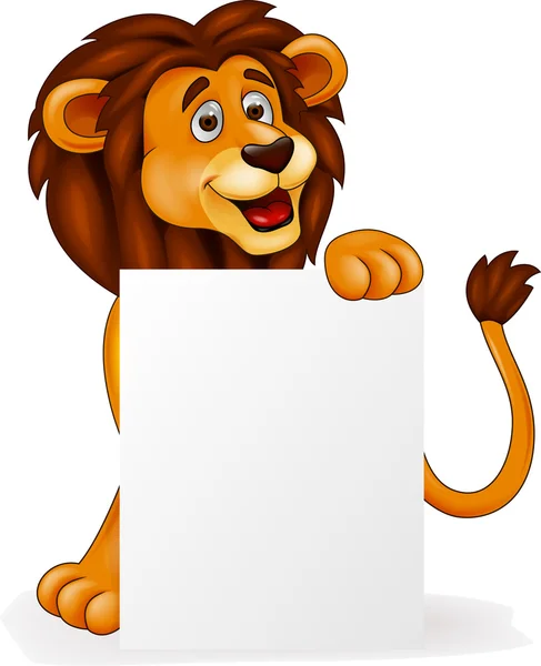 León de dibujos animados con signo en blanco — Vector de stock