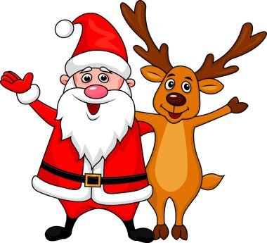 Noel Baba ve geyik karikatür el sallayarak