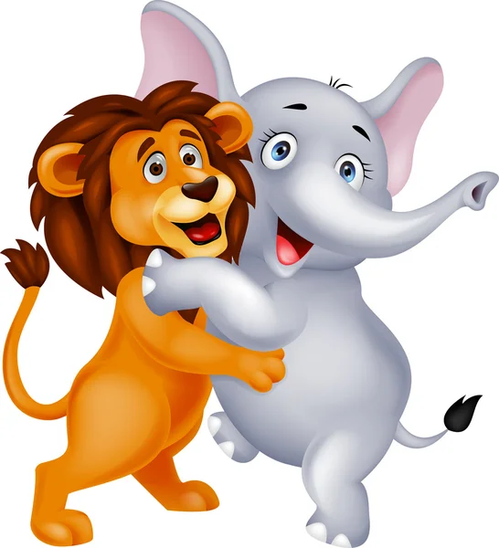 Sevimli fil ve birbirlerine sarılma aslan — Stok Vektör