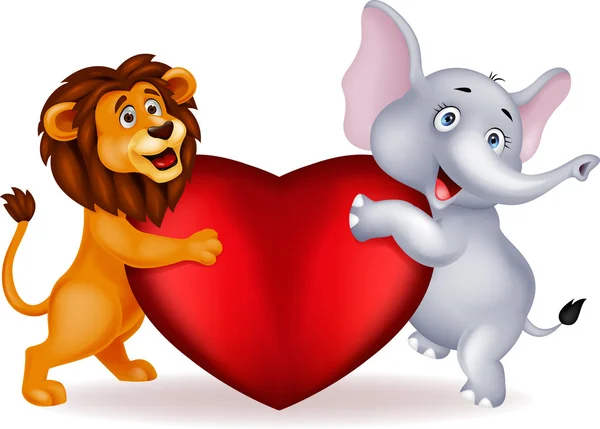 Lejon och elefanter embracing rött hjärta — Stock vektor